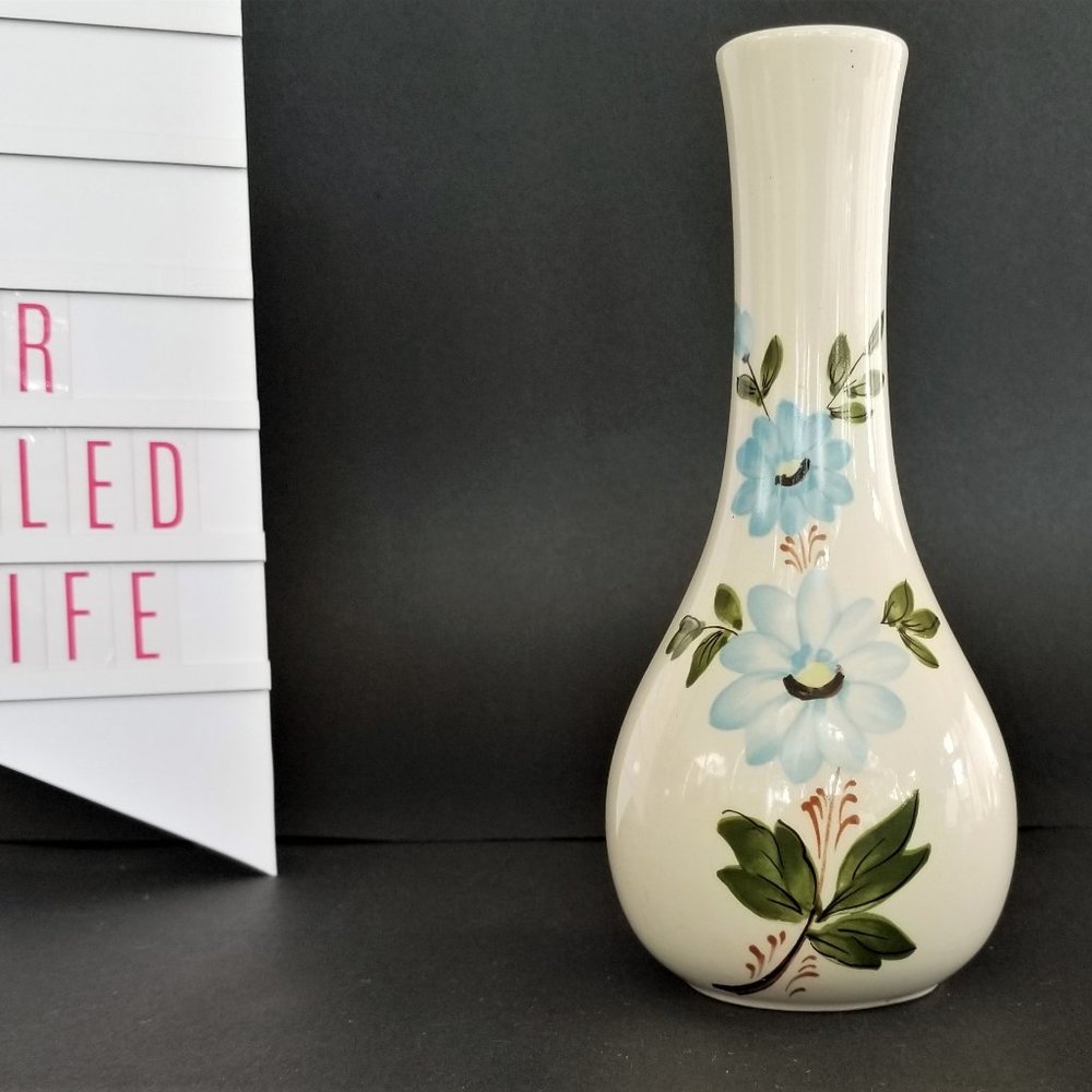 Adorable 8 1/4 Floral Vase Cream with Blue Flowers